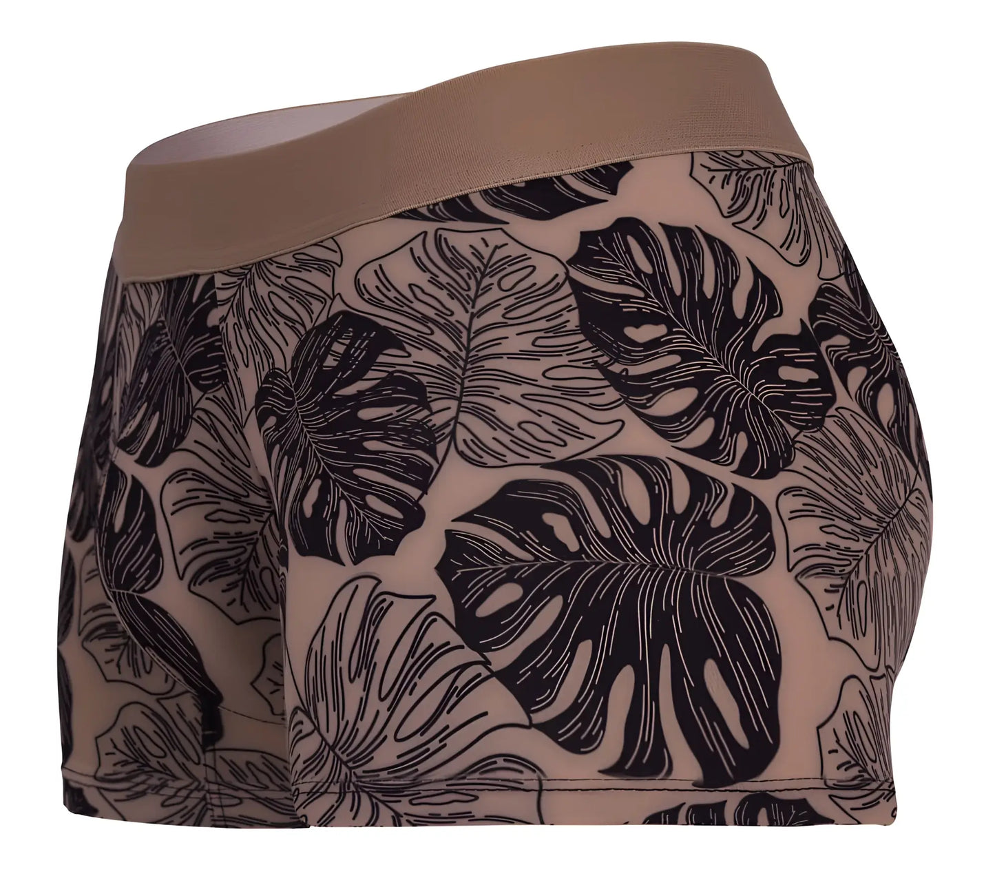 Beige clever 1635 pacif trunks boxer briefs with bold black monstera leaf pattern in pink color