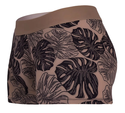Beige clever 1635 pacif trunks boxer briefs with bold black monstera leaf pattern in pink color