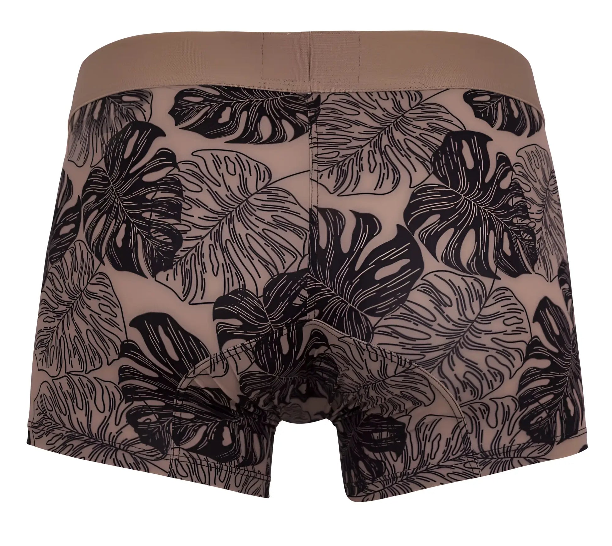 Beige men’s boxer briefs with black monstera leaf pattern from clever 1635 pacif trunks color pink collection