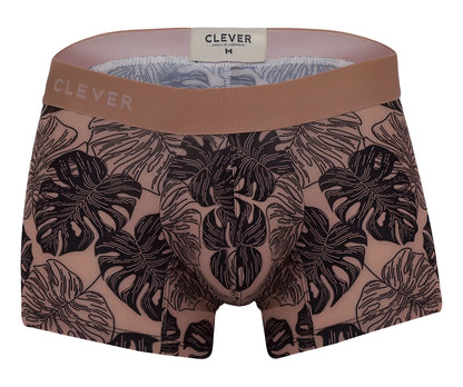 Clever 1635 pacif trunks men’s boxer briefs in soft pink with bold black monstera leaf pattern for everyday comfort