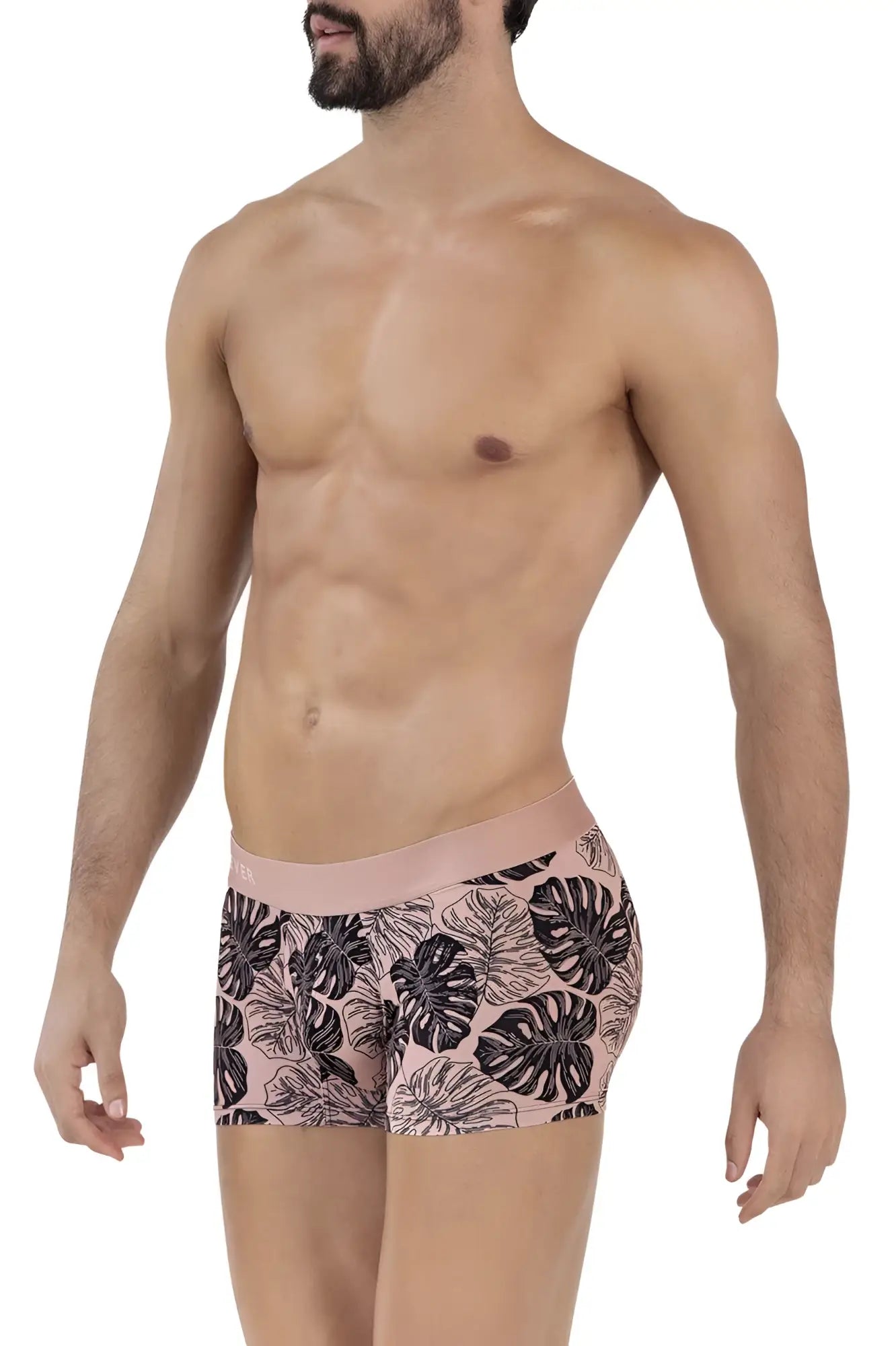 Pink clever 1635 pacif trunks briefs with bold black monstera leaf pattern for comfortable everyday wear