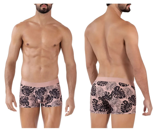 Pink clever 1635 pacif trunks men briefs with bold black monstera leaf pattern for comfortable everyday wear