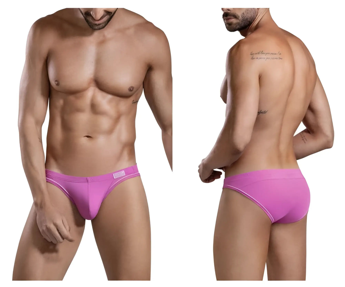 Vibrant pink clever 1656 mirage bikini color grape men’s briefs with white trim and small brand tag on waistband