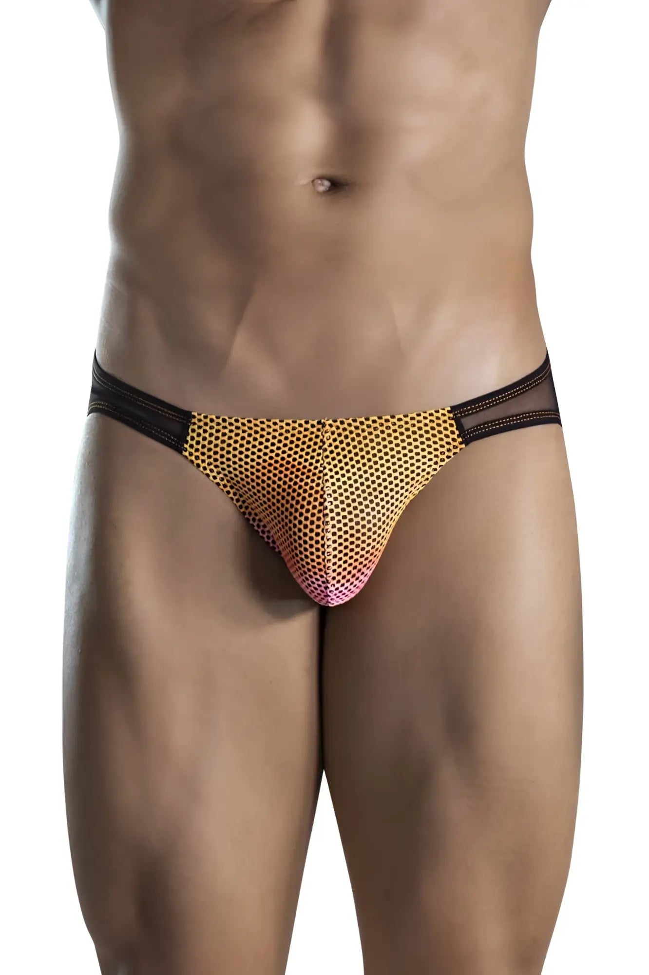 Gold and pink gradient mesh briefs with black waistband from clever 1657 mockery bikini in orange color