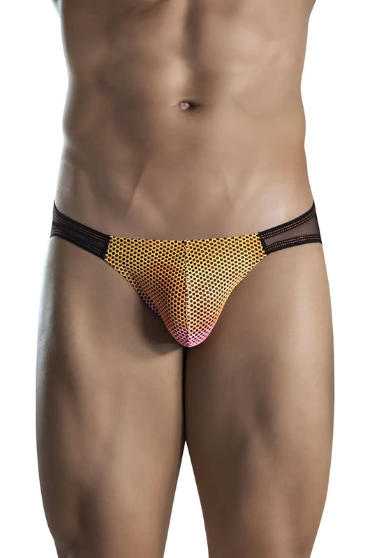 Gold and pink gradient mesh briefs with black waistband from clever 1657 mockery bikini in orange color