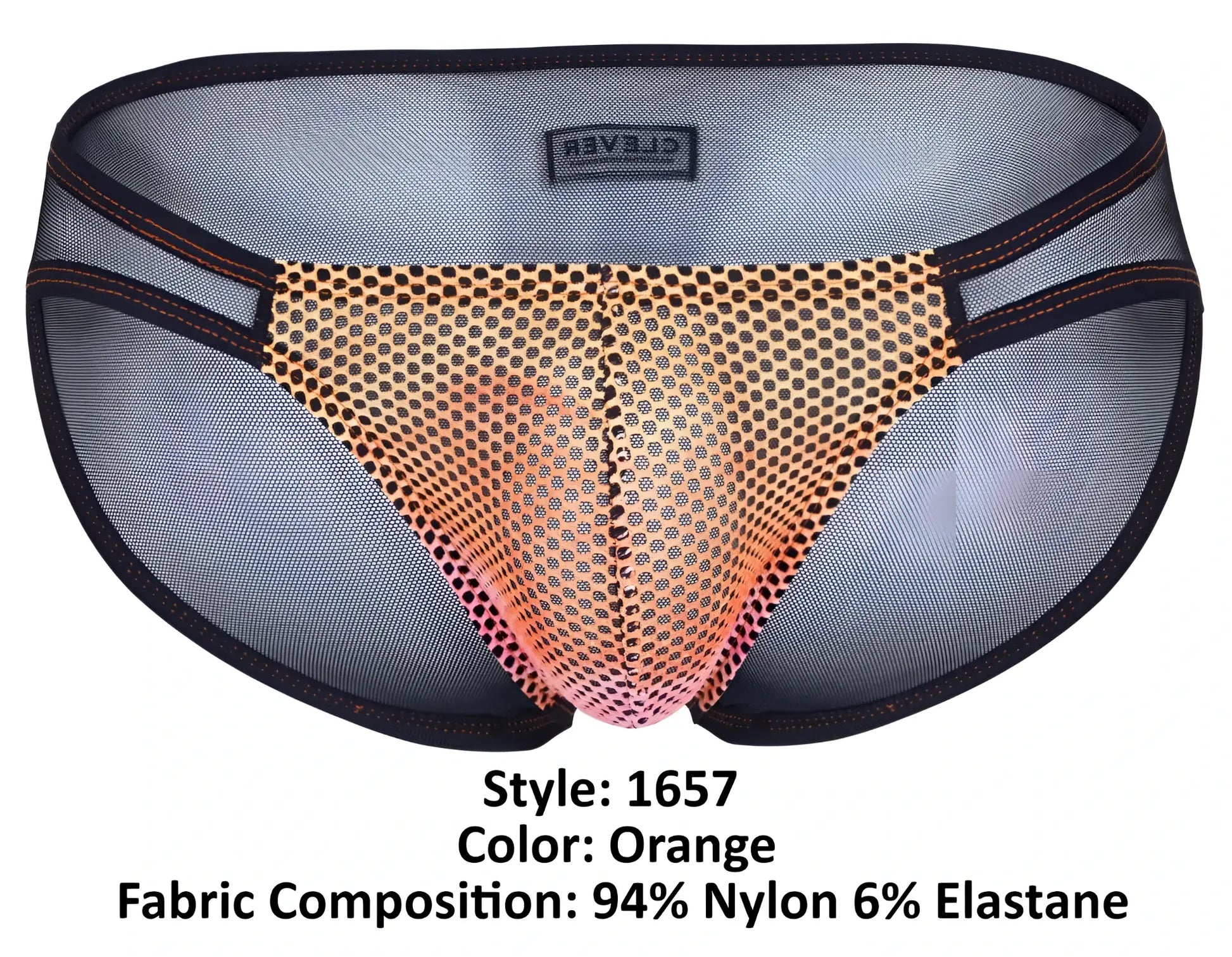 Orange mesh briefs with gold to pink gradient and black trim featuring clever label on waistband in clever 1657 mockery bikini