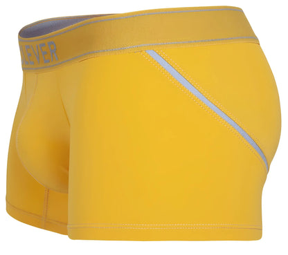 Bright yellow clever 1658 imagination boxer briefs with gray ever waistband and diagonal silver reflective stripe