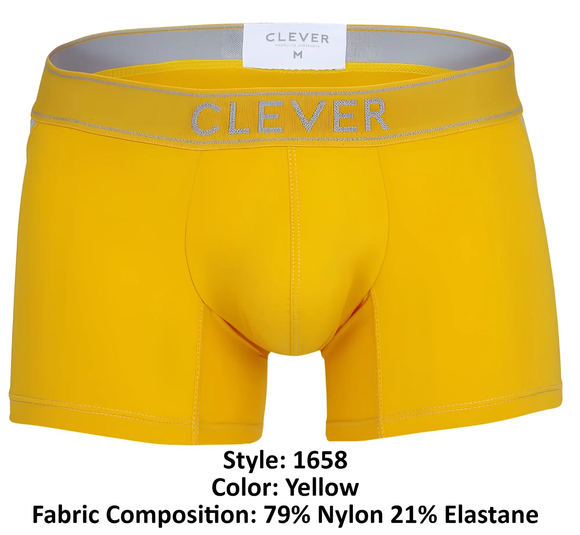 Bright yellow clever 1658 imagination men’s boxer briefs with gray elastic waistband and clever branding