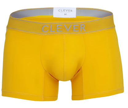 Bright yellow clever 1658 imagination boxer briefs with gray elastic waistband and clever brand name in gray lettering