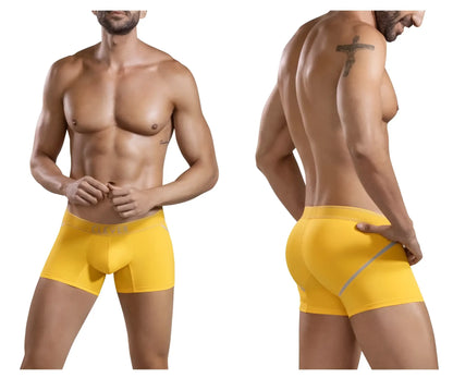 Bright yellow clever 1658 imagination men’s boxer briefs with a subtle gray side stripe for comfortable support