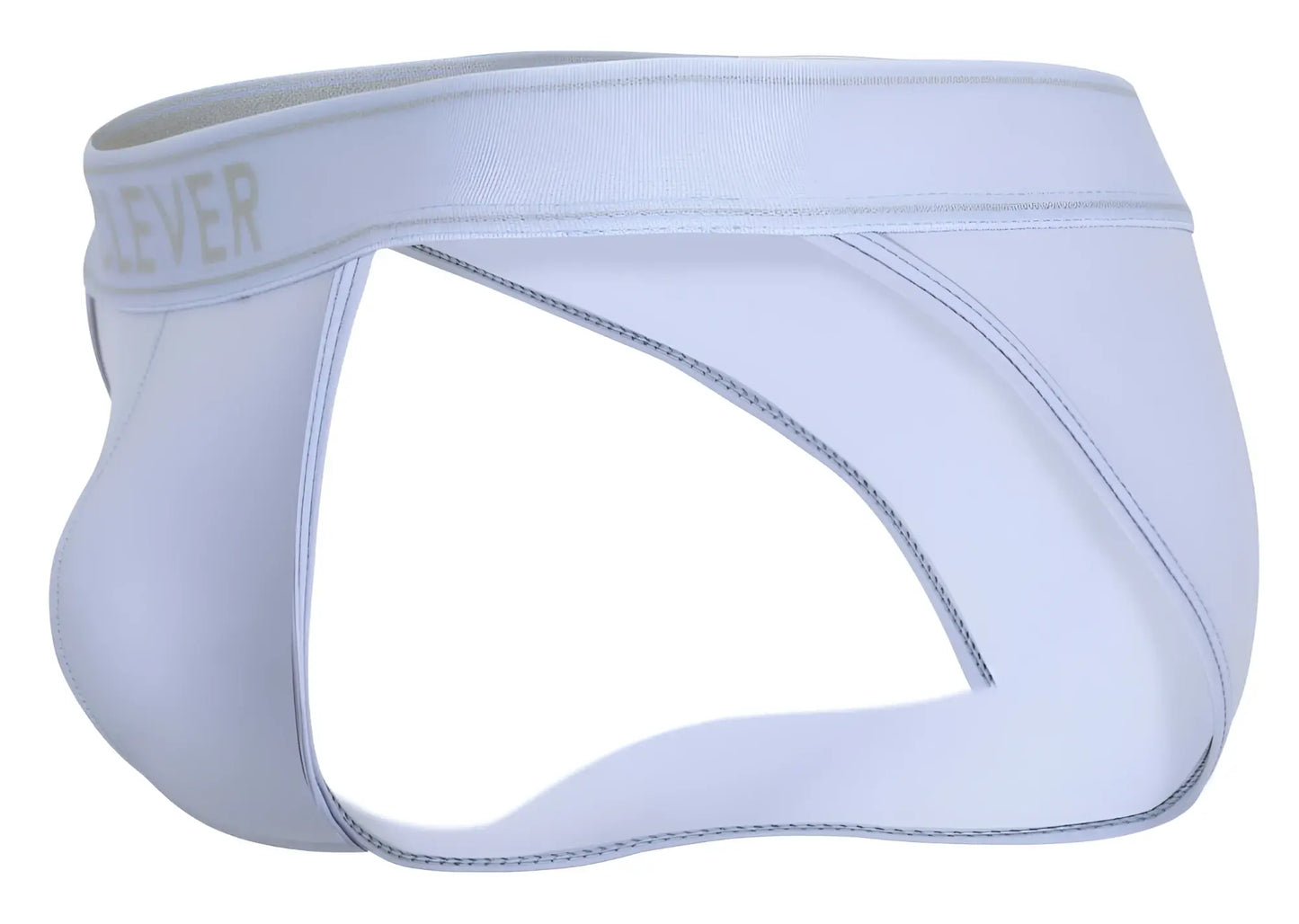 White men’s briefs with subtle gray lever logo on waistband in clever 1659 imagination bikini blue color