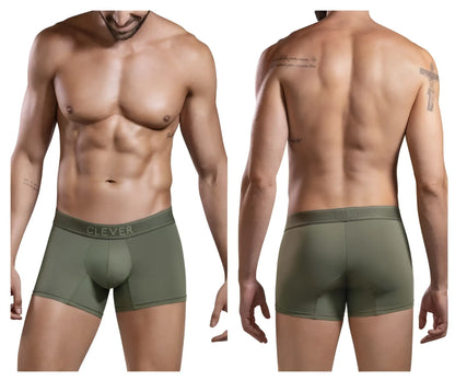 Olive green cotton boxer briefs with clever branding on the waistband from clever 1668 britanica trunks collection
