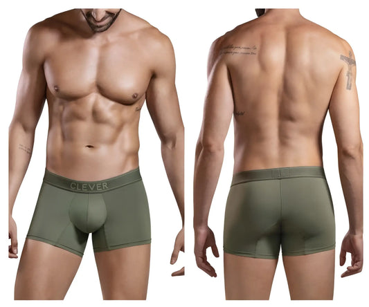 Olive green cotton boxer briefs with clever branding on the waistband from clever 1668 britanica trunks collection
