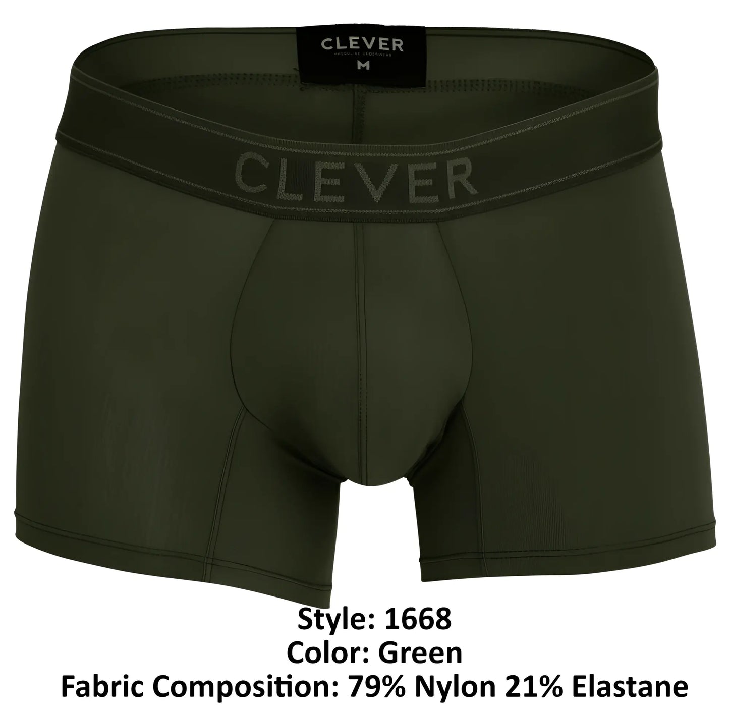 Olive green clever 1668 britanica men’s boxer briefs with clever waistband branding and black size m label