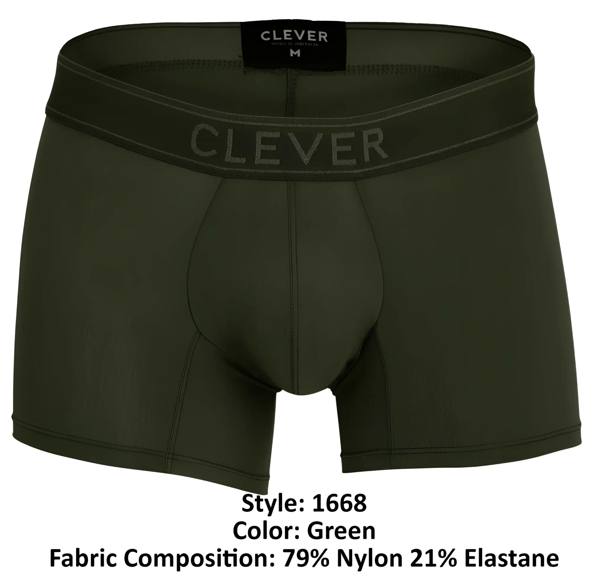 Olive green clever 1668 britanica men’s boxer briefs with clever waistband branding and black size m label