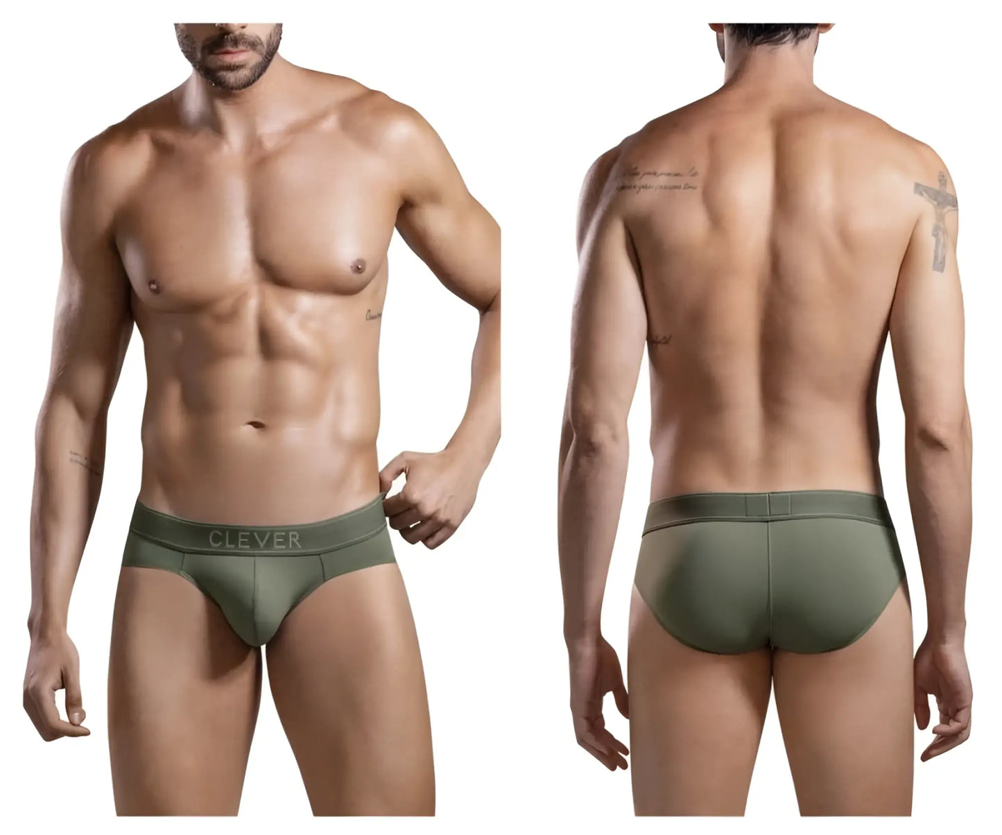 Olive green cotton clever 1670 britannica briefs with clever branding on the waistband front side view