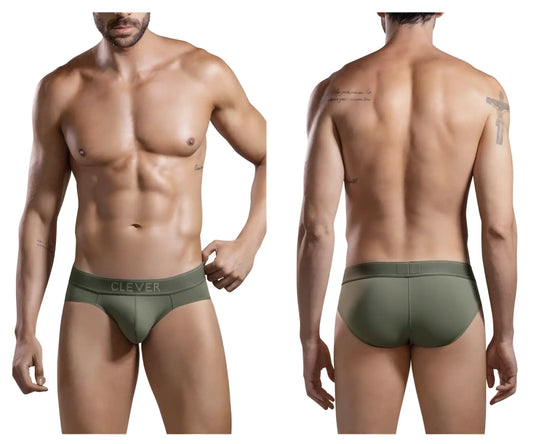 Olive green cotton clever 1670 britannica briefs with clever branding on the waistband front side view