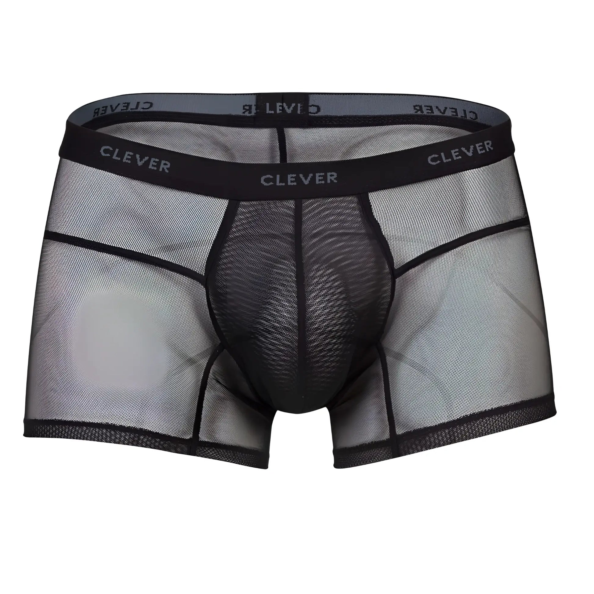 Black mesh clever 1673 legend trunks boxer briefs with reinforced elastic waistband and white clever logo in black