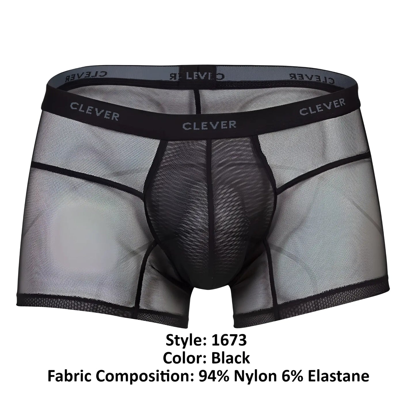 Black sheer mesh boxer briefs with black elastic waistband featuring clever brand name for comfortable wear