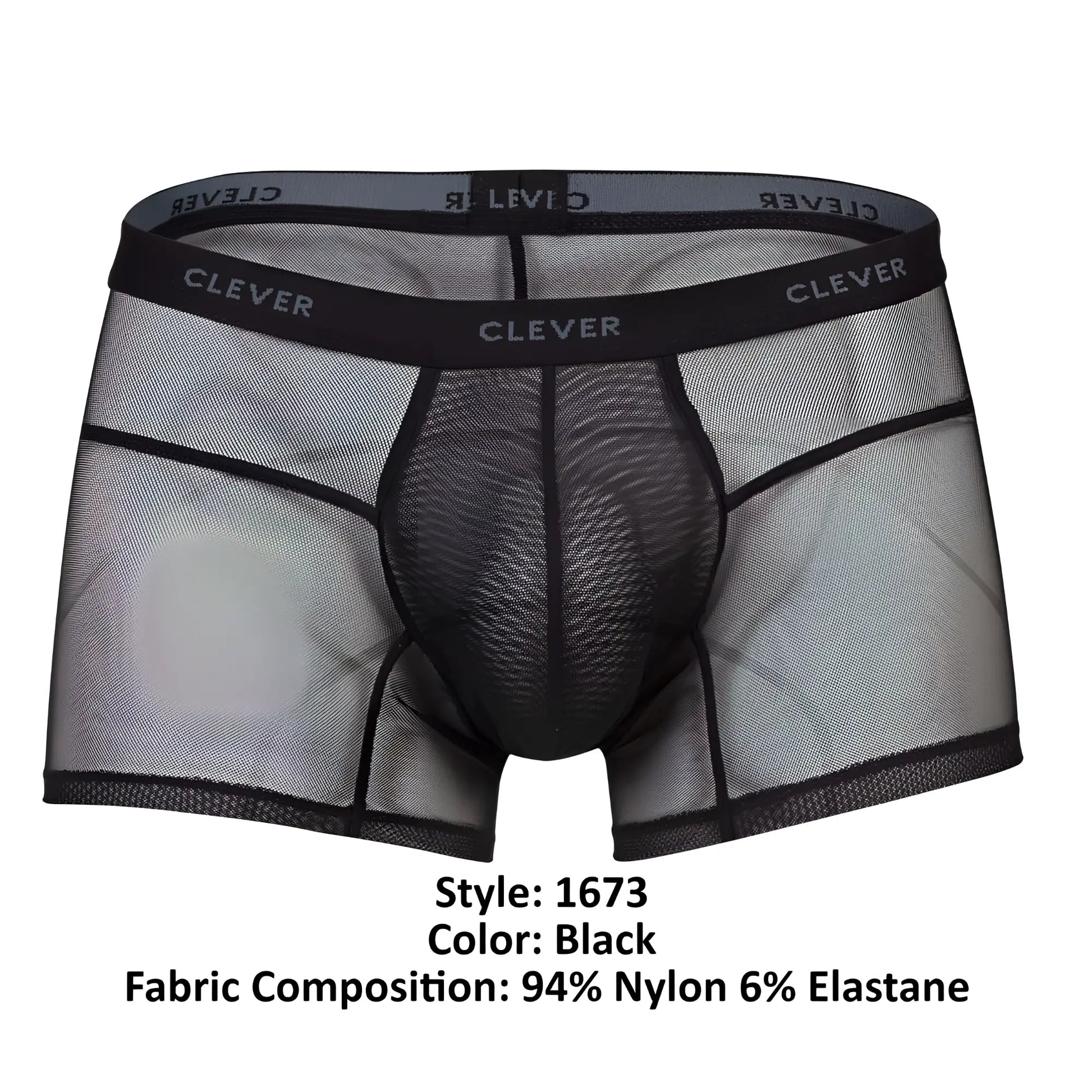 Black sheer mesh boxer briefs with black elastic waistband featuring clever brand name for comfortable wear