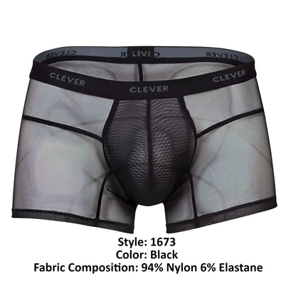 Black sheer mesh boxer briefs with black elastic waistband featuring clever brand name for comfortable wear