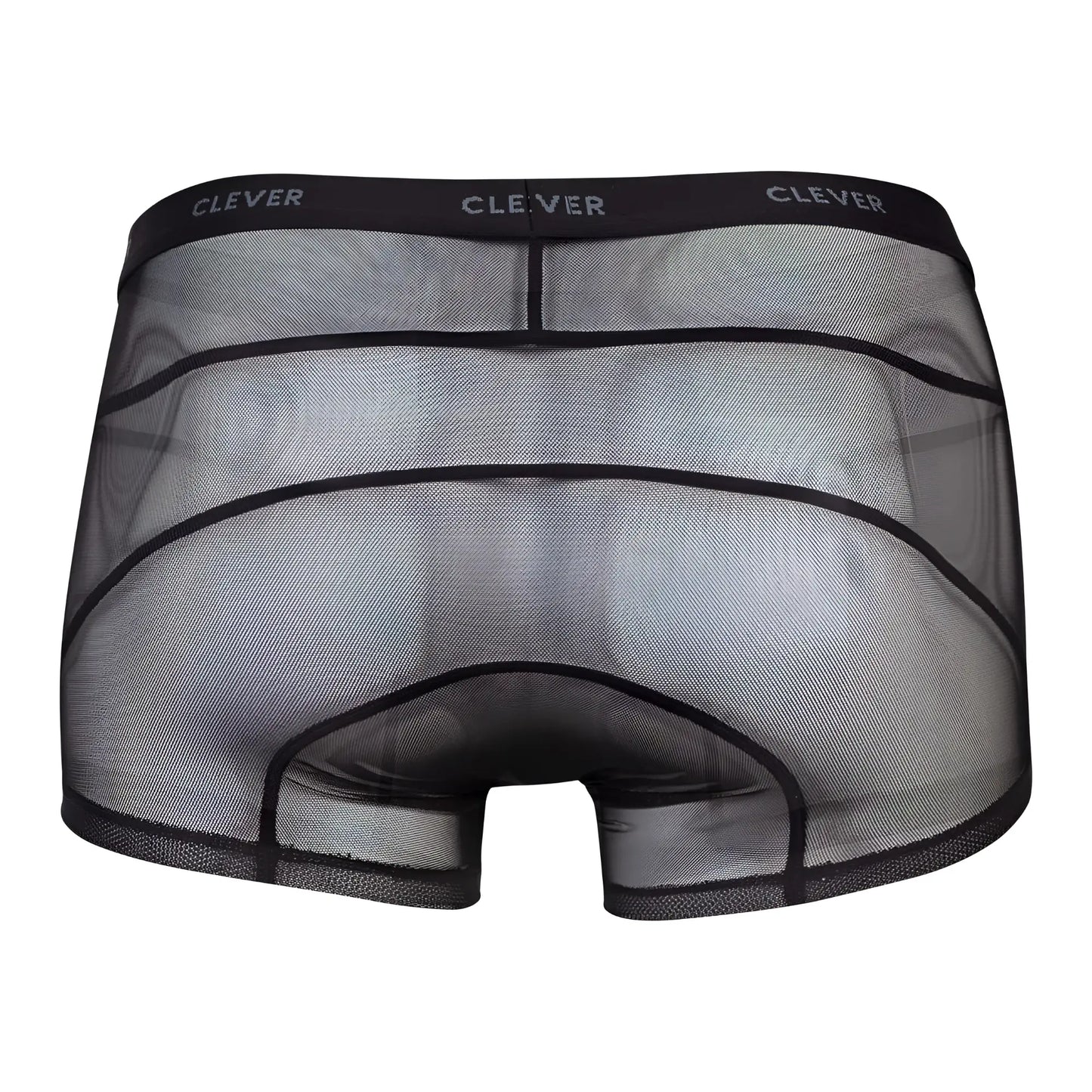 Black sheer mesh boxer briefs with reinforced black elastic waistband featuring clever branding from clever 1673 legend trunks