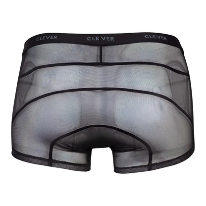 Black sheer mesh boxer briefs with reinforced black elastic waistband featuring clever branding from clever 1673 legend trunks
