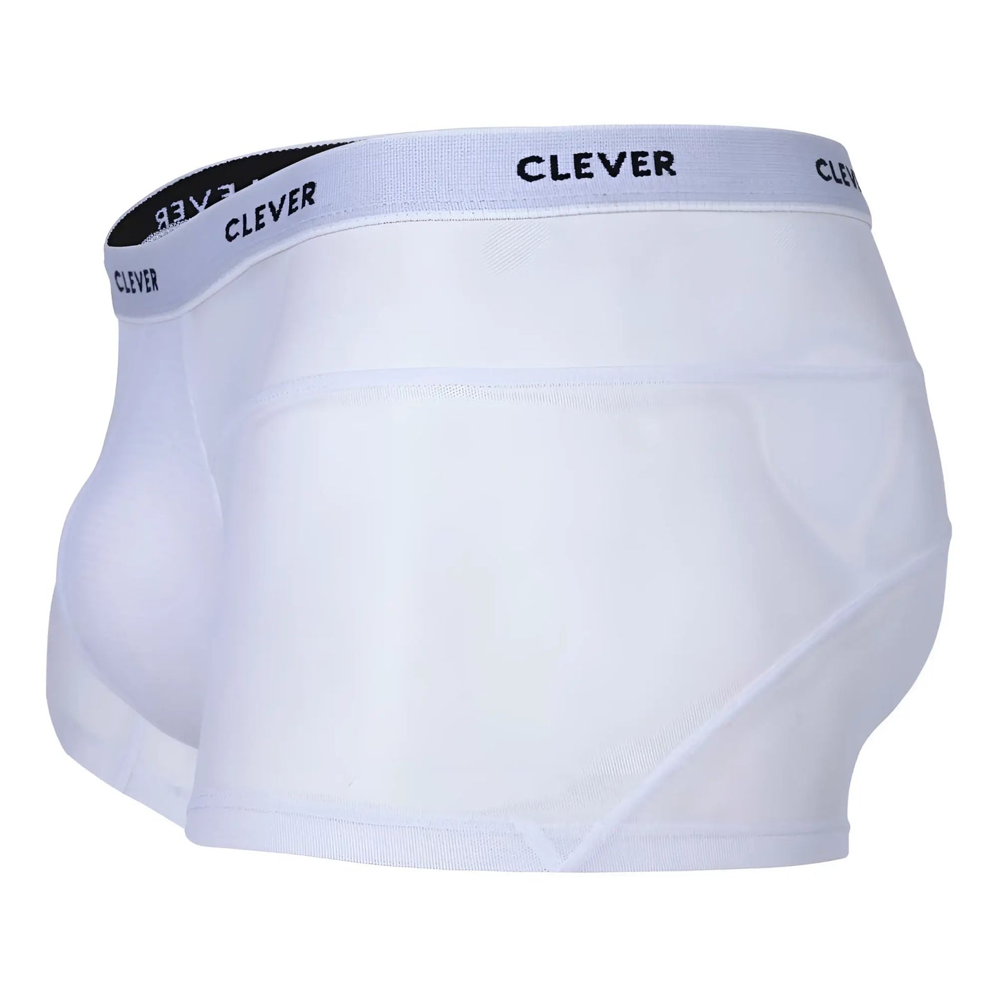 White clever 1673 legend trunks briefs with light gray elastic waistband and black lettering branding