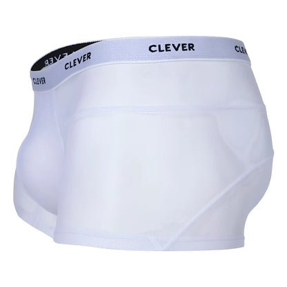 White clever 1673 legend trunks briefs with light gray elastic waistband and black lettering branding