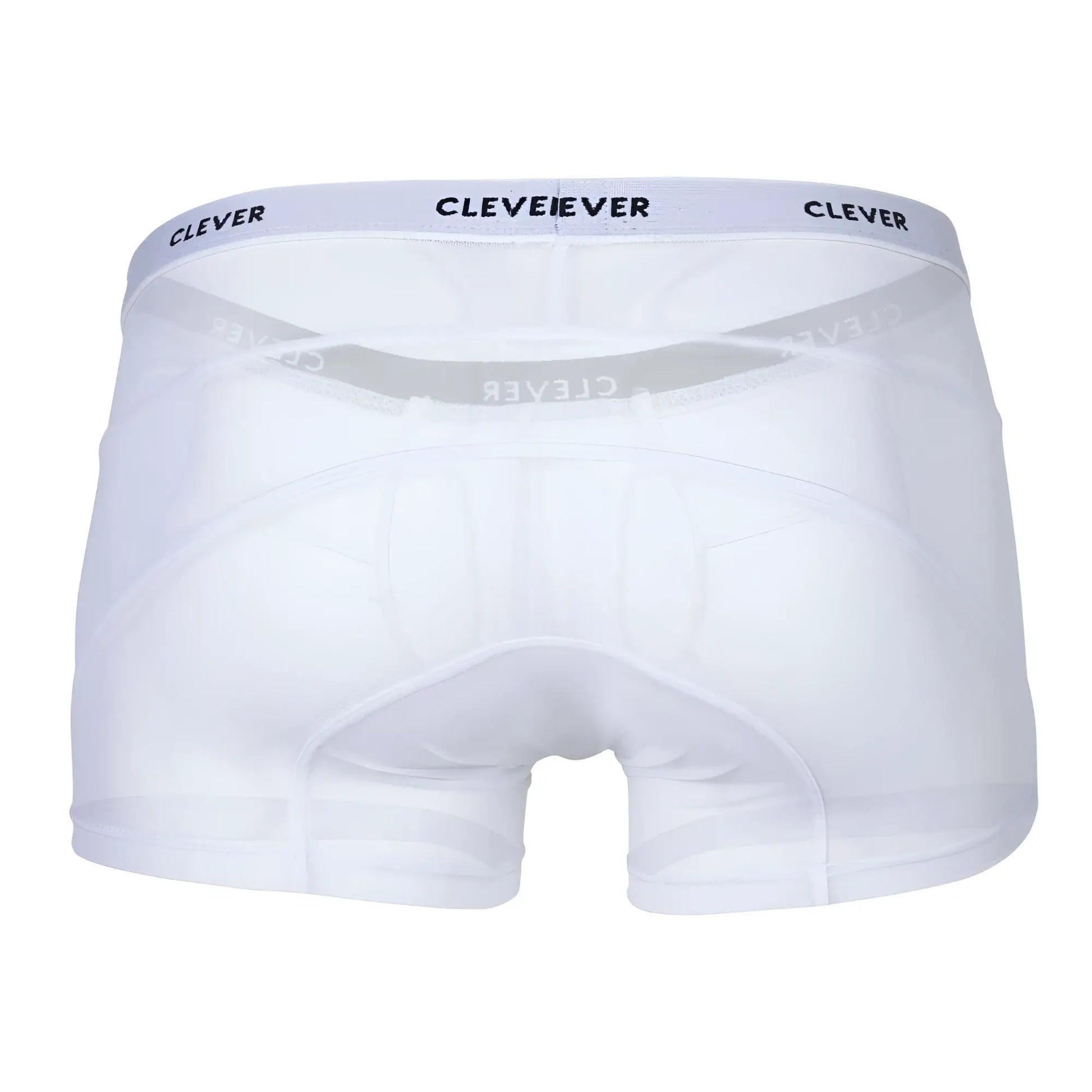 White cleveever boxer briefs with a subtle gray elastic waistband featuring black clever brand lettering