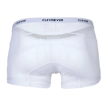 White cleveever boxer briefs with a subtle gray elastic waistband featuring black clever brand lettering