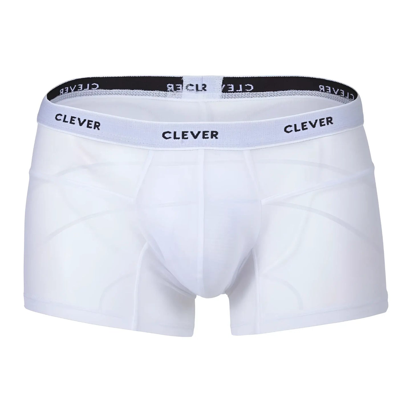 White clever 1673 legend trunks boxer briefs in white with a black and white waistband featuring clever branding
