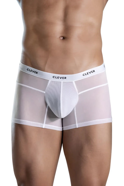 White sheer clever 1673 legend trunks boxer briefs with solid white front panel and clever branded waistband