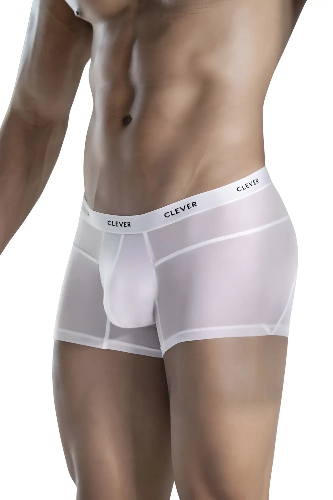 White sheer boxer briefs with supportive pouch and clever branded waistband from clever 1673 legend trunks