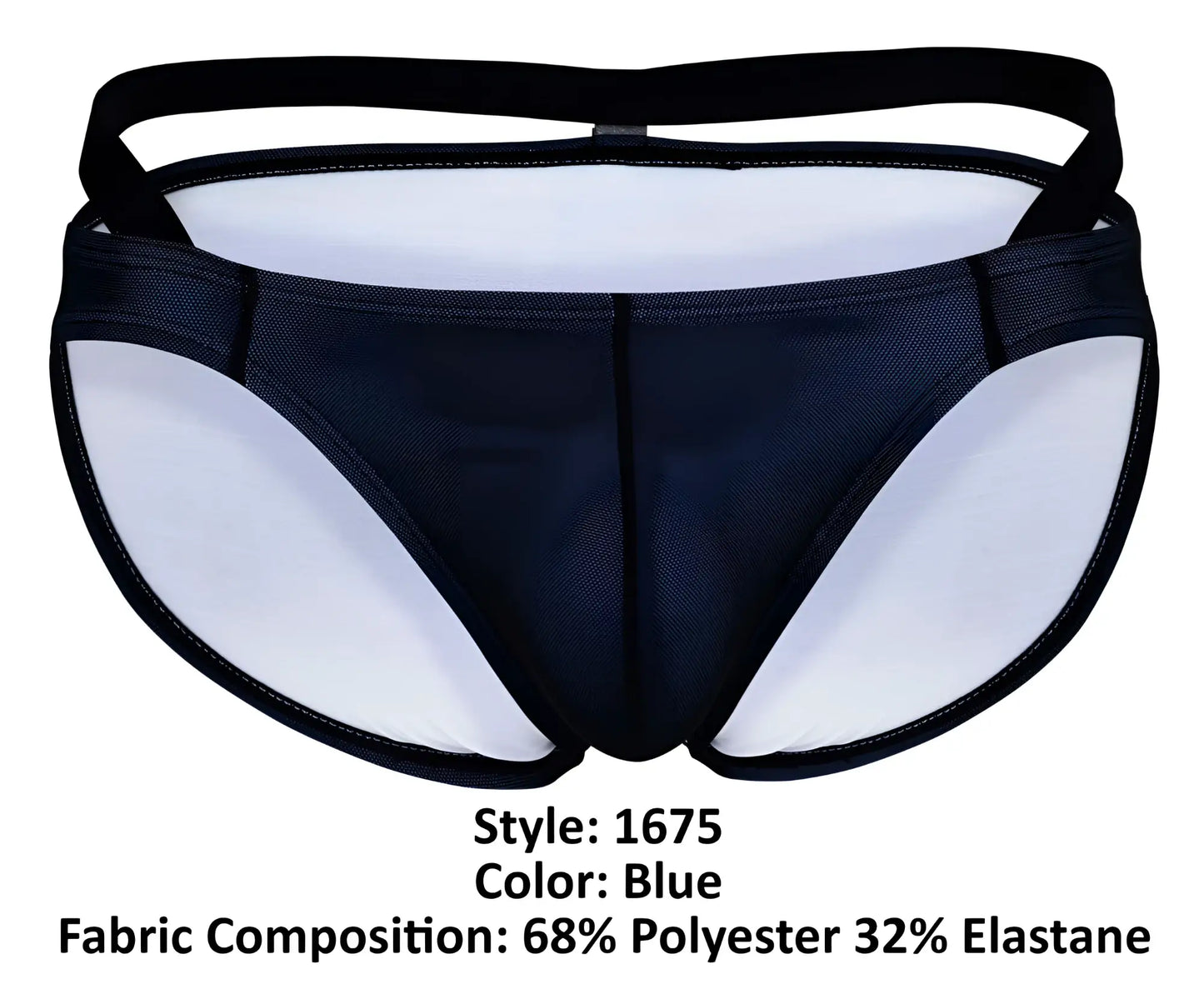 Blue clever 1675 eroticism bikini briefs with black elastic waistband and white mesh panels for athletic use