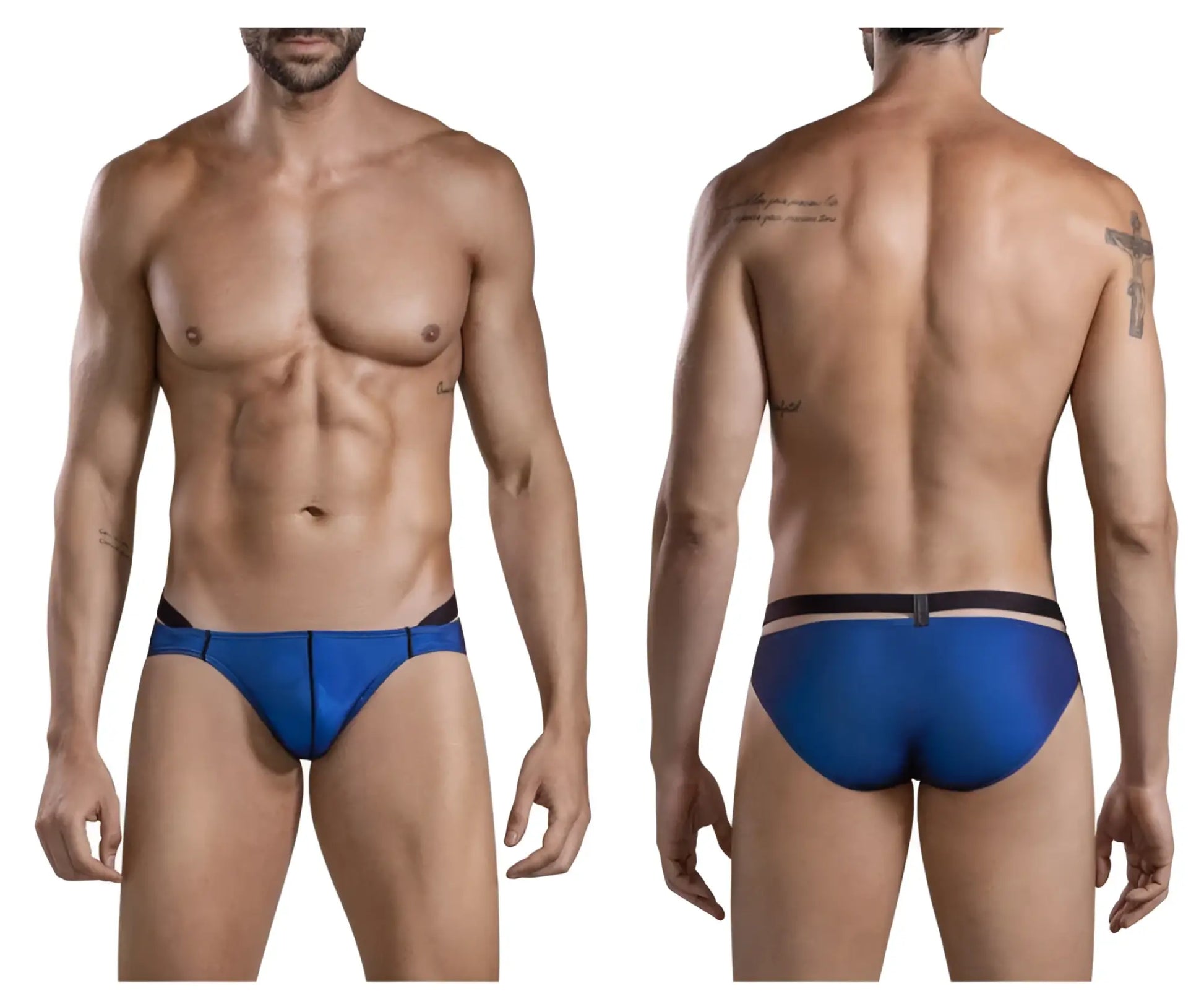 Blue Clever 1675 eroticism bikini swim trunks with black trim and central buckle at the waistband