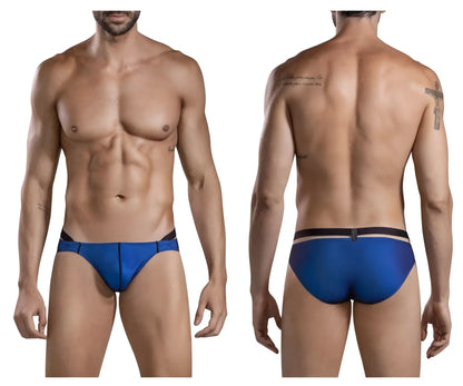 Blue Clever 1675 eroticism bikini swim trunks with black trim and central buckle at the waistband