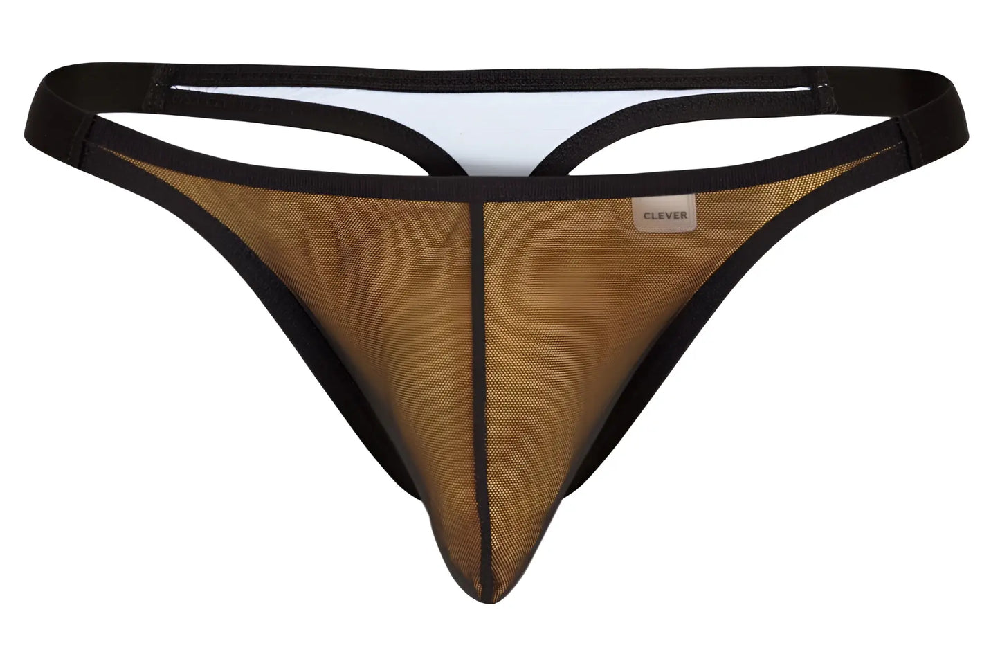 Black and tan mesh thong with branded label in orange clever 1676 eroticism thong style