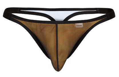 Black and tan mesh thong with branded label in orange clever 1676 eroticism thong style