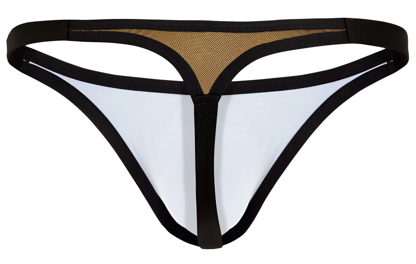 Back side of clever 1676 eroticism thong in orange with black and white fabric and gold mesh panel detailing