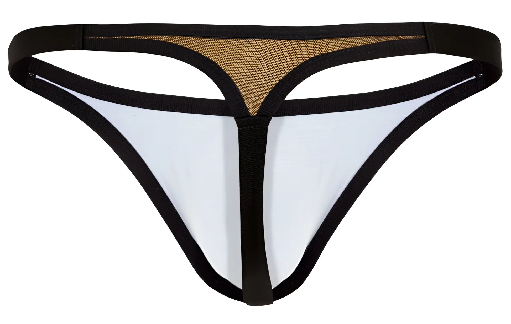 Back side of clever 1676 eroticism thong in orange with black and white fabric and gold mesh panel detailing