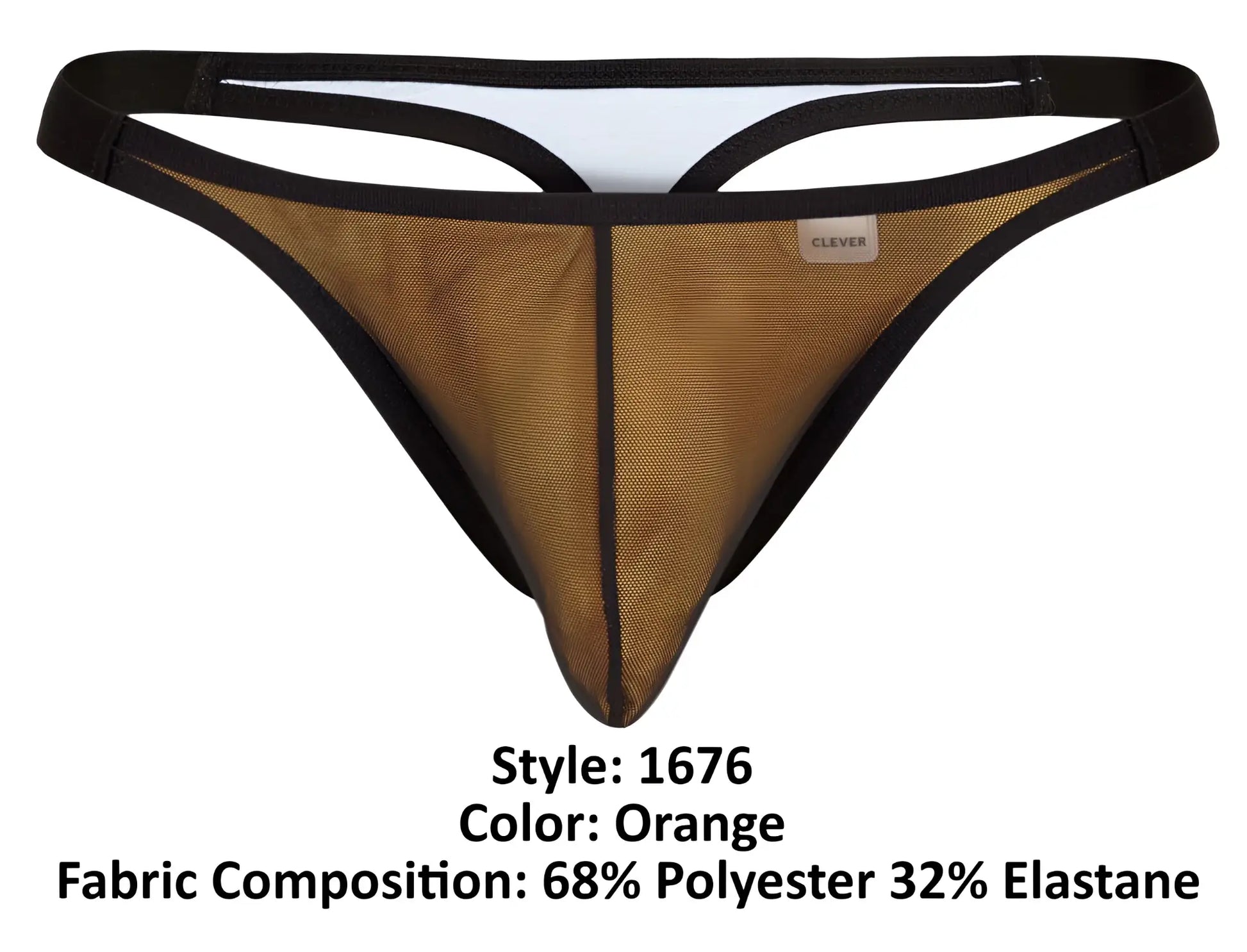 Orange mesh thong with black trim and clever brand label from clever 1676 eroticism thongs collection