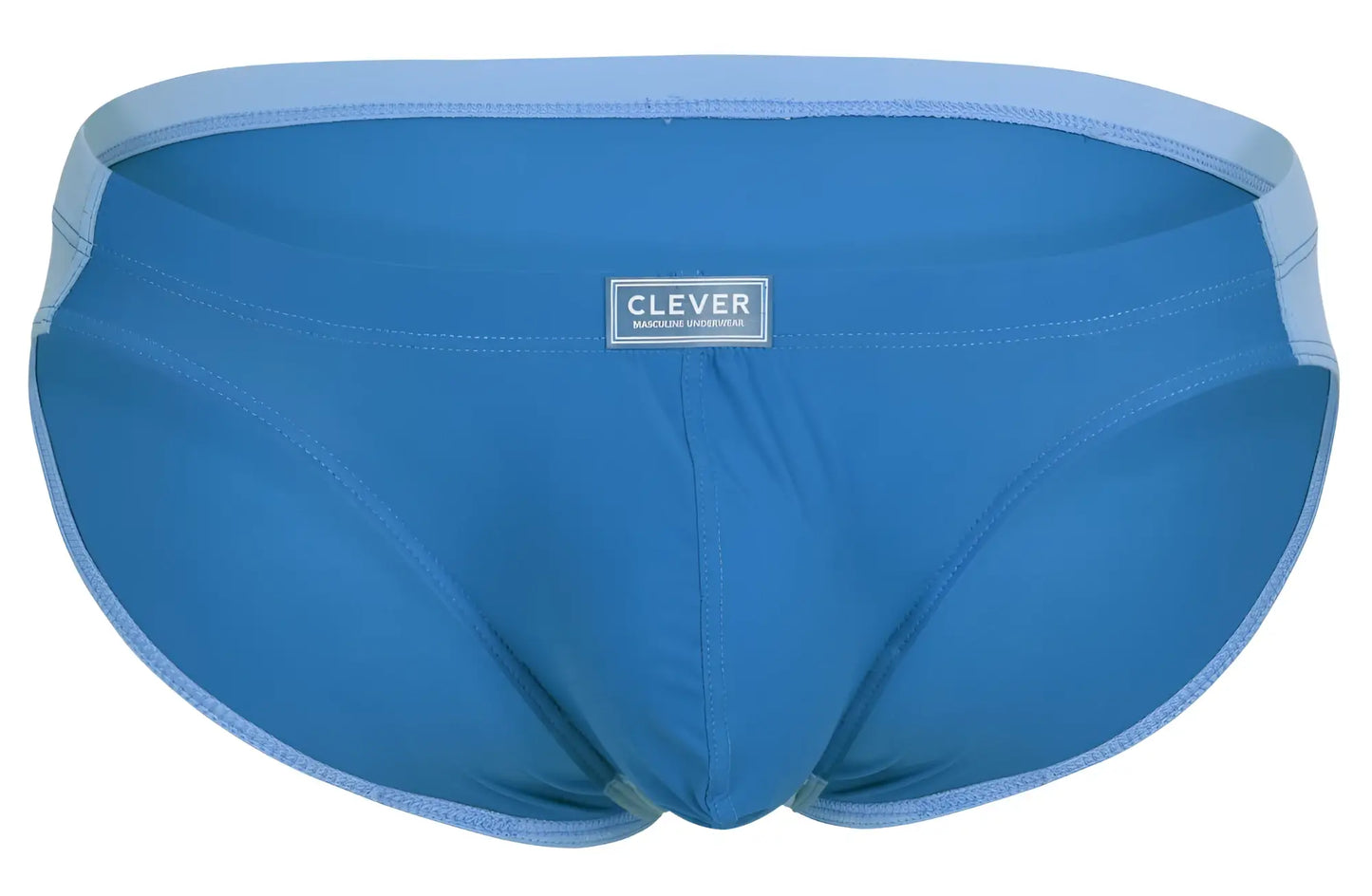 Blue men’s briefs with light blue trim and clever brand label in two-tone bikini style color blue