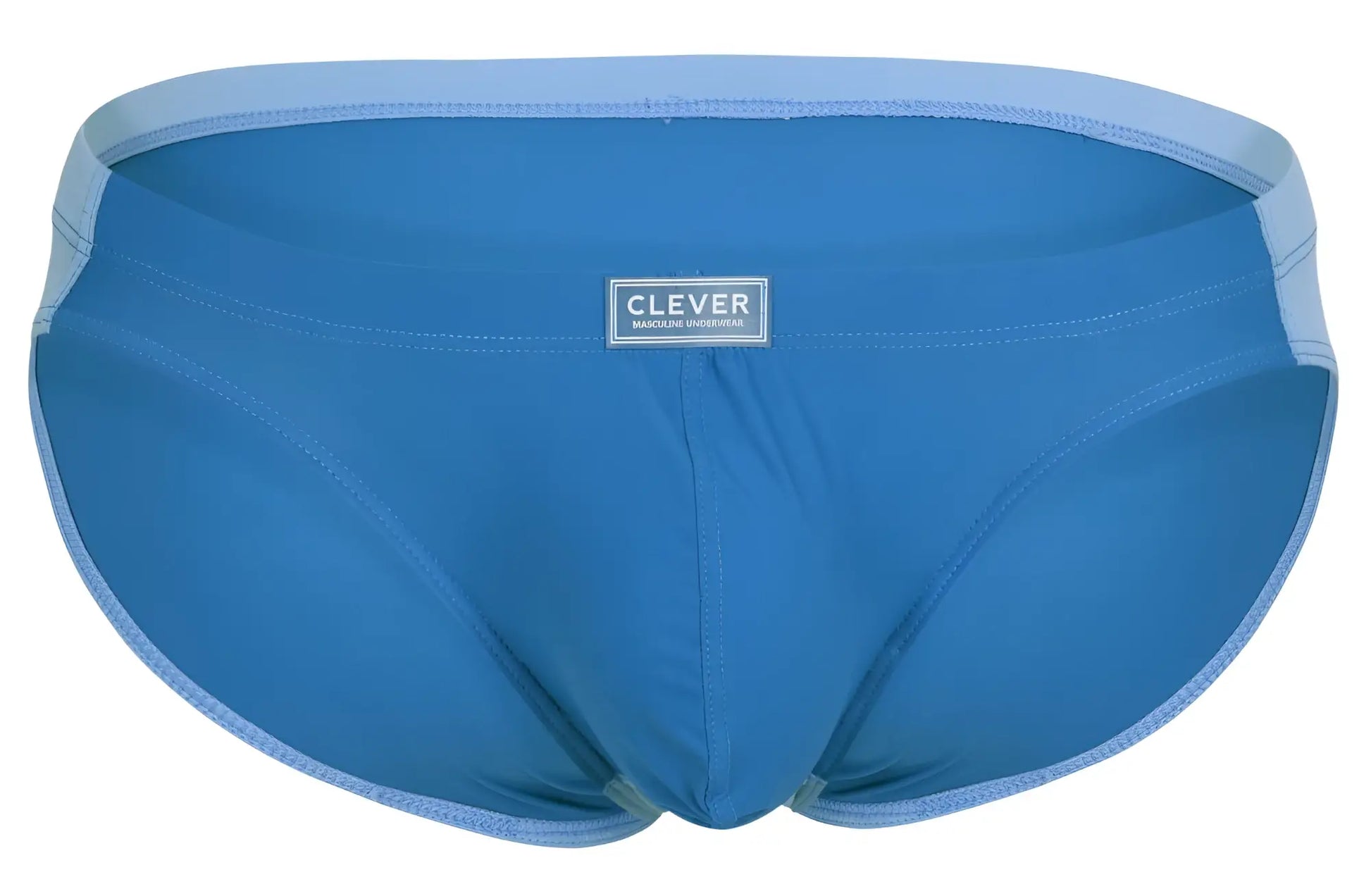 Blue men’s briefs with light blue trim and clever brand label in two-tone bikini style color blue