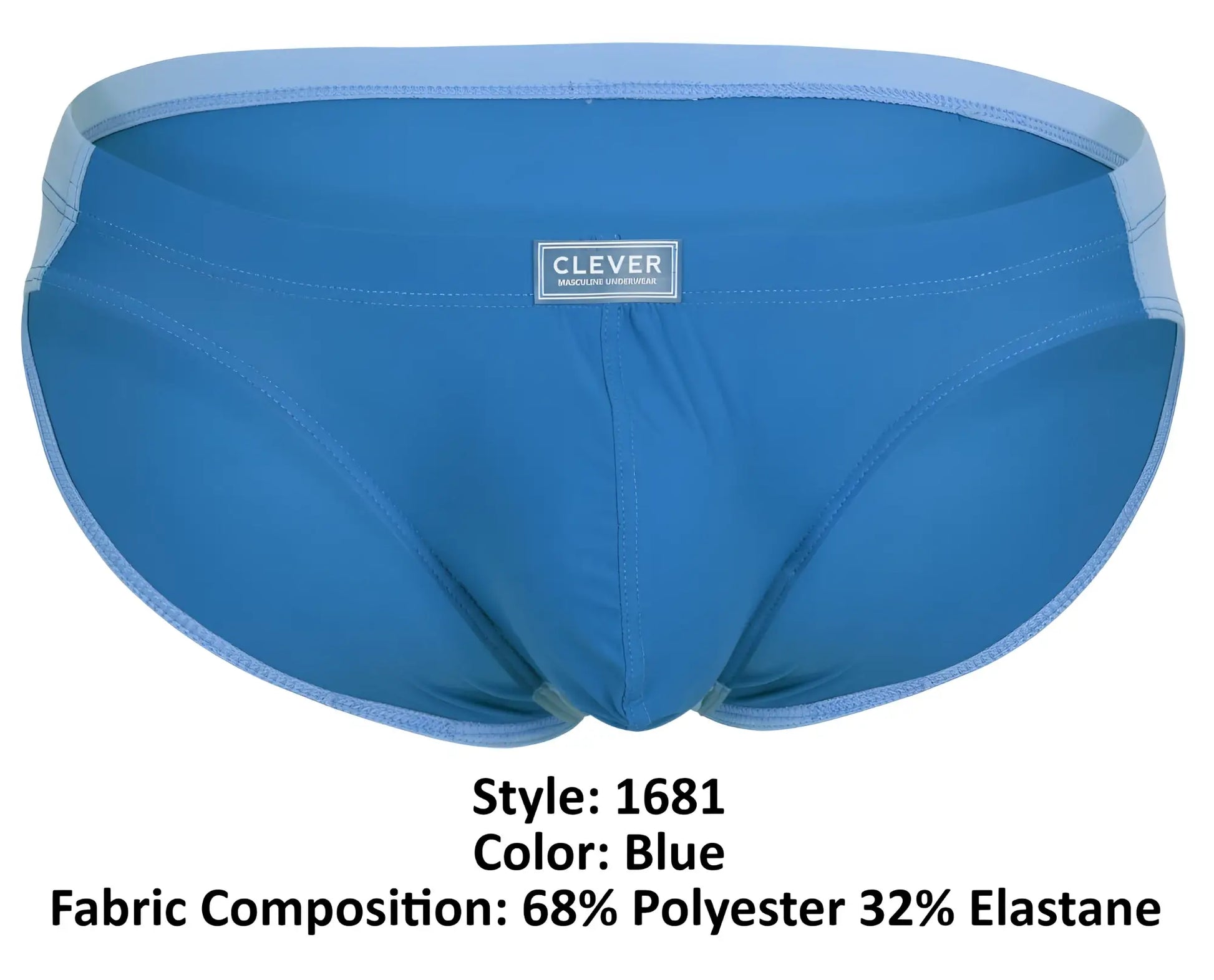 Blue men’s briefs with light blue waistband and trim featuring clever brand label from the clever 1681 bikini line