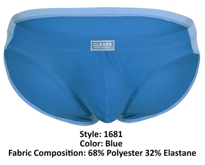 Blue men’s briefs with light blue waistband and trim featuring clever brand label from the clever 1681 bikini line