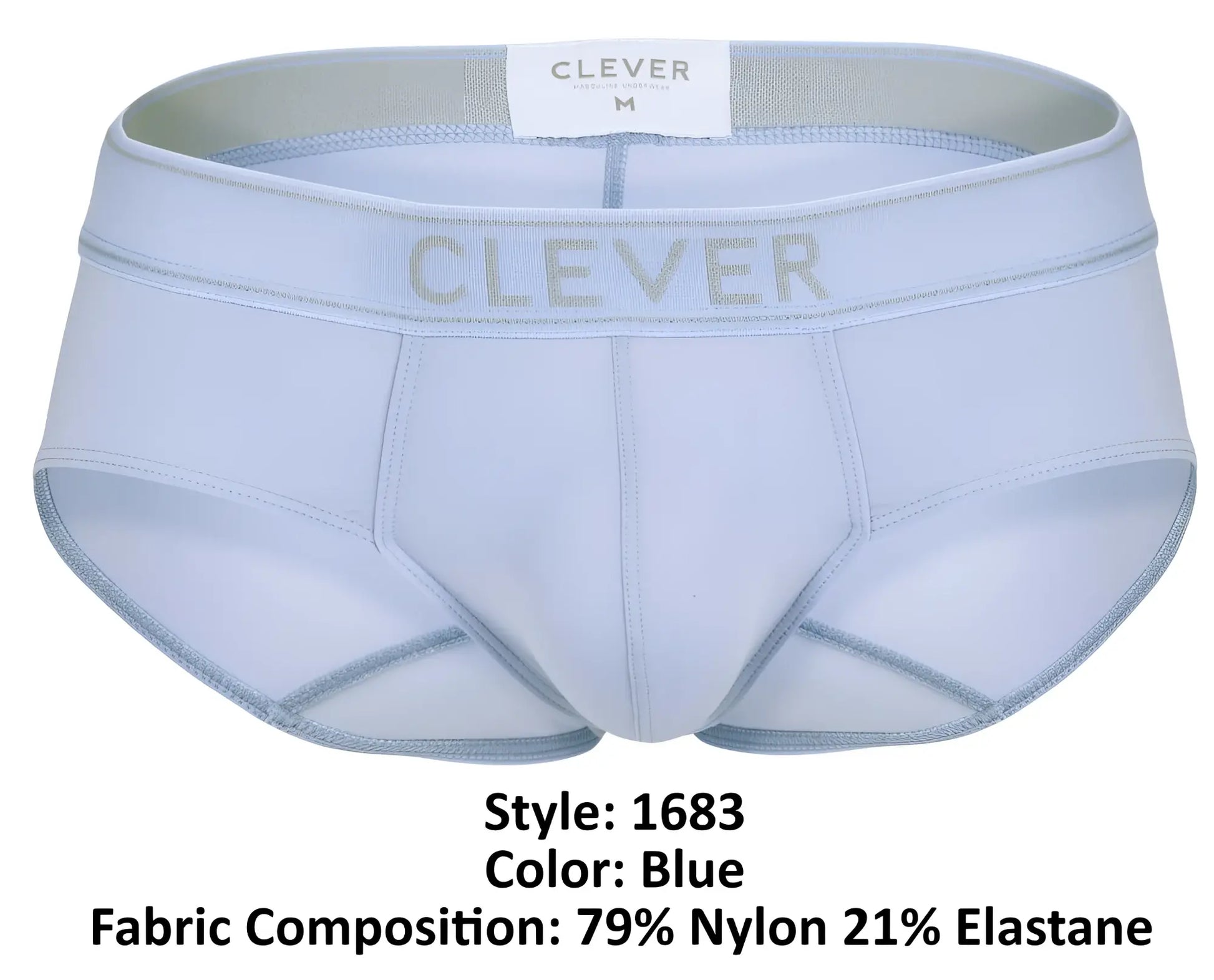 Light blue clever 1683 imagination briefs with subtle gray logo made of 79% nylon and 21% elastane for comfort
