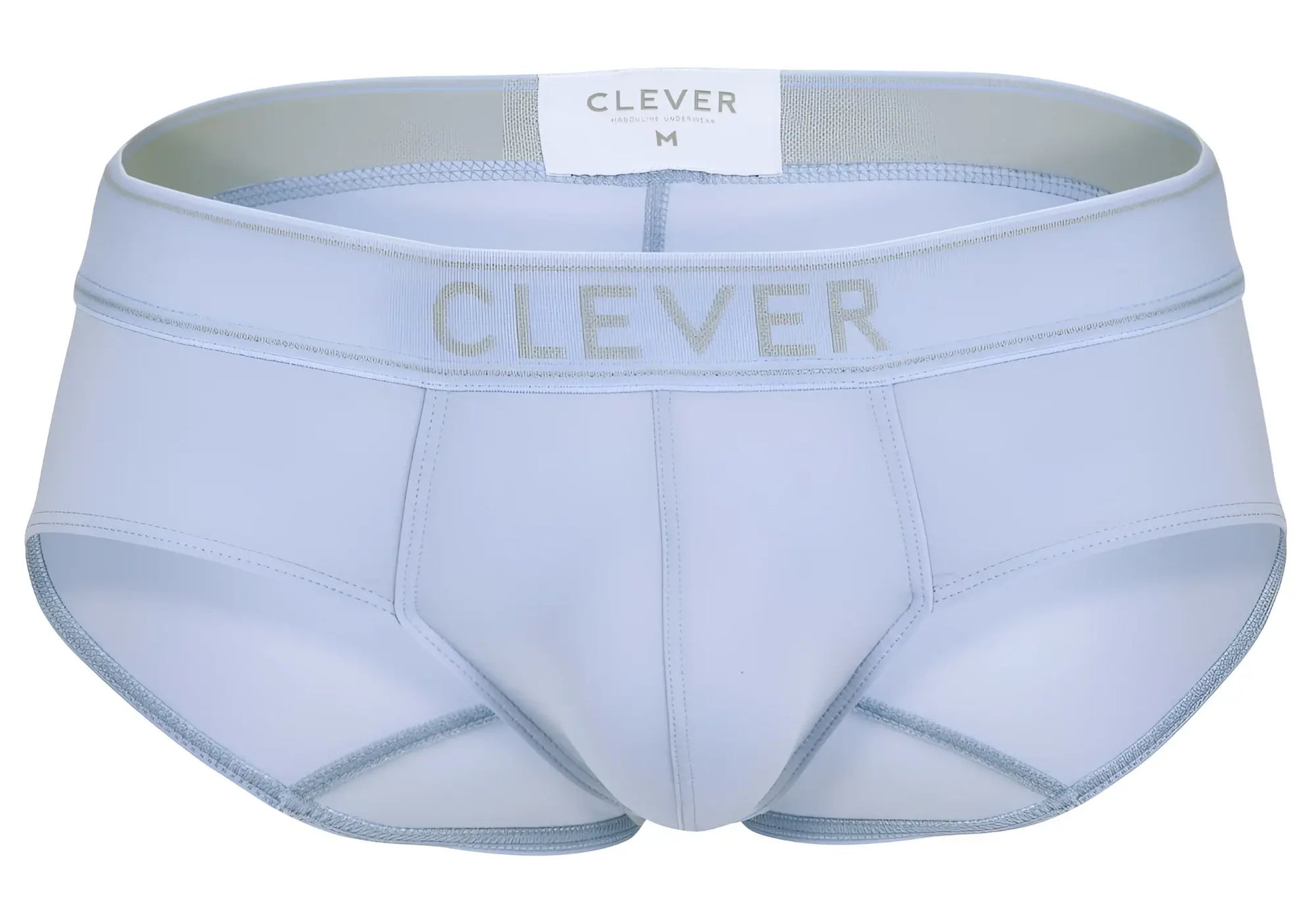 Light blue clever 1683 imagination men’s briefs with branded waistband and white size M label visible on front side