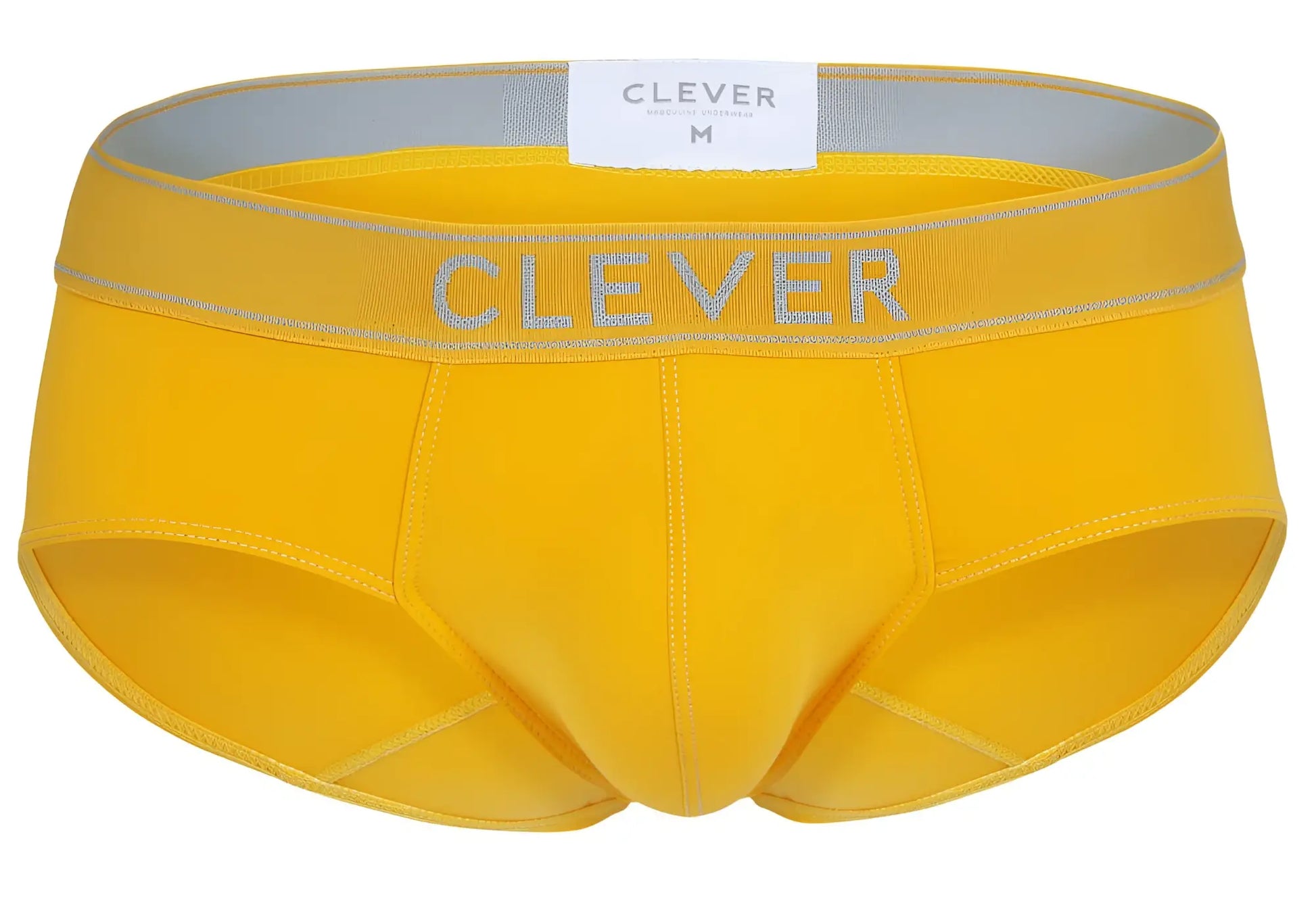 Bright yellow clever 1683 imagination briefs with gray elastic waistband and clever brand name in gray lettering
