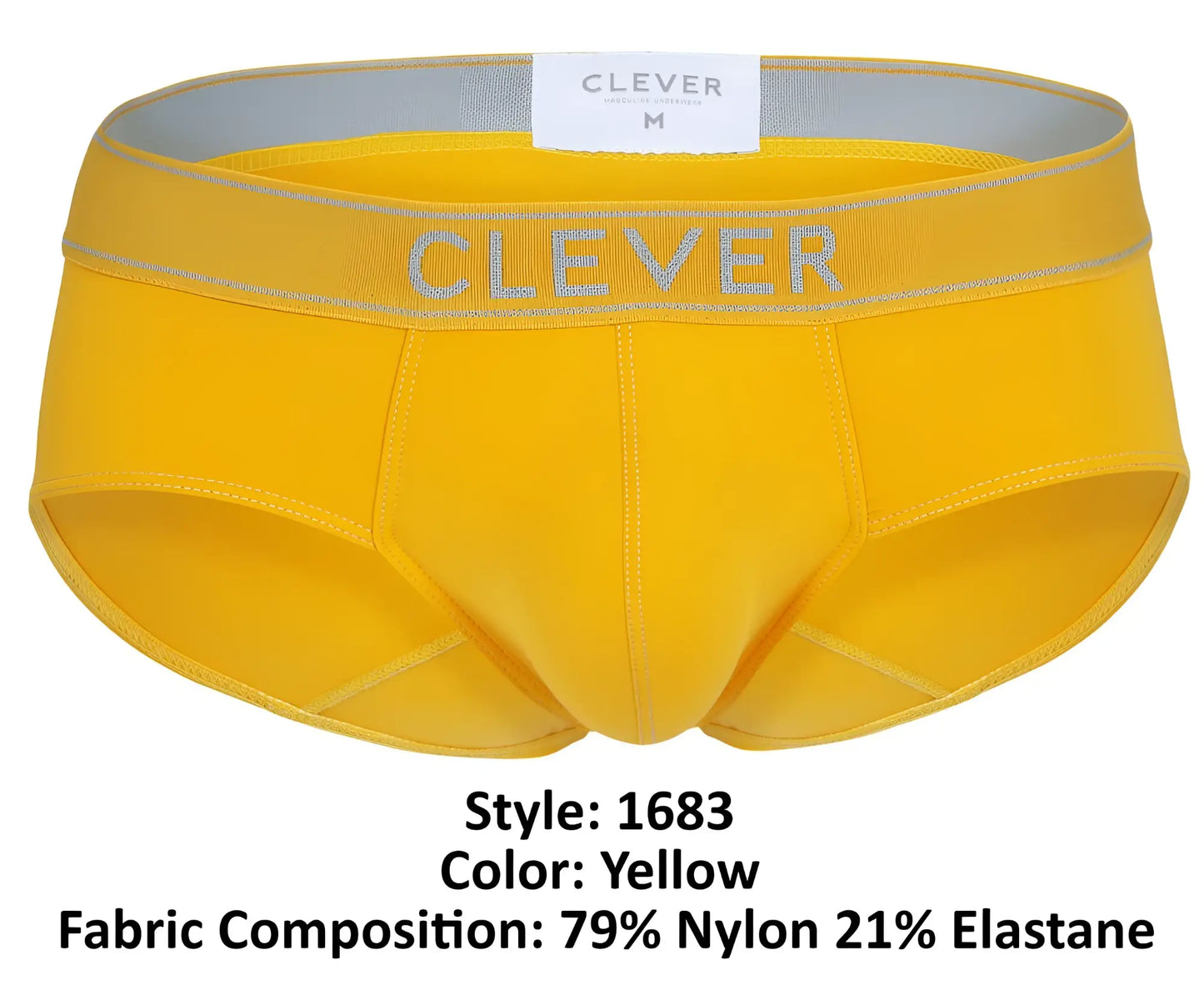 Bright yellow clever 1683 imagination briefs with gray elastic waistband and clever branding in matching gray lettering